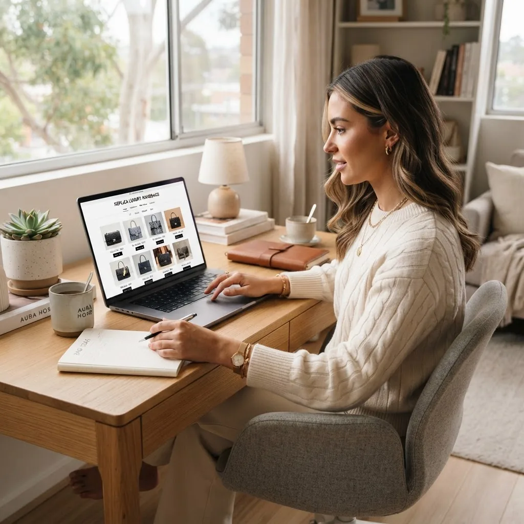 well-dressed woman browsing replica handbags on a laptop at a cozy home desk, soft natural lighting, focus on screen showing an online