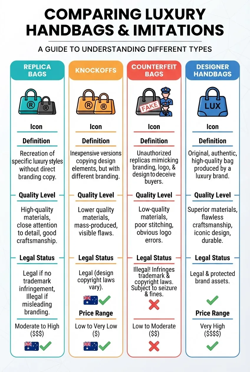 with four columns comparing Replica Bags, Knockoffs, Counterfeit Bags, and Designer Handbags; each column includes icon, definition,