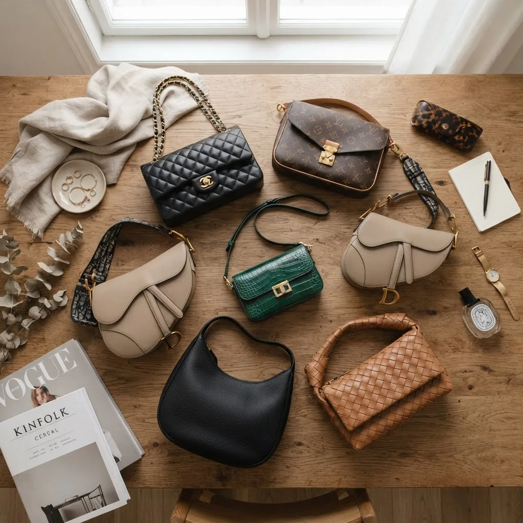 featuring an assortment of replica shoulder bags inspired by multiple designer brands in various colors and styles, arranged aesthetically