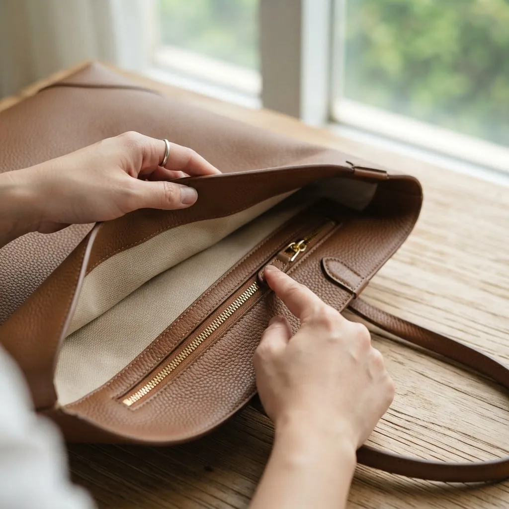 Close-up image of hands examining the stitching, hardware, and interior lining of a replica tote bag under natural daylight, focusing on