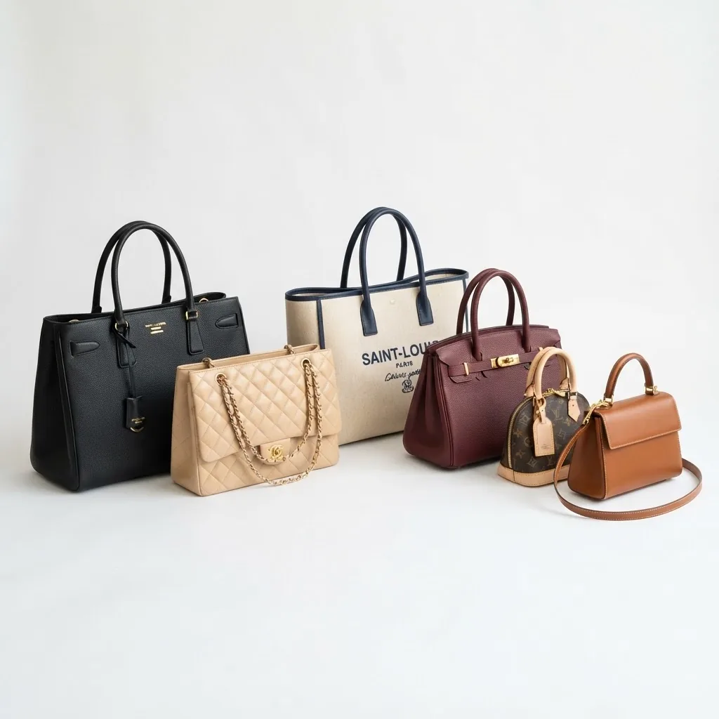 A collection of high-quality replica tote bags in various classic styles and colors displayed on a clean white background with soft