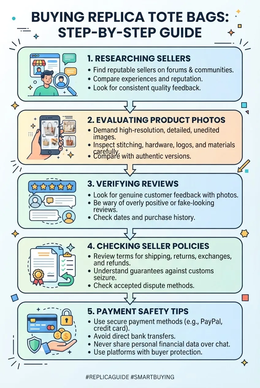 A step-by-step infographic showing key stages in buying replica tote bags: researching sellers, evaluating product photos, verifying