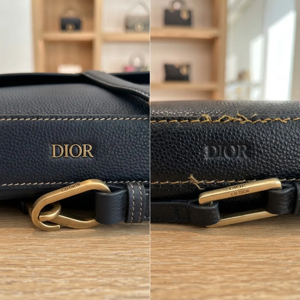 Macro shot focusing on the detailed stitching, logo embossing, and hardware of a designer bag compared side-by-side with a counterfeit,