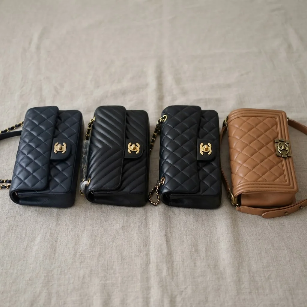 A well-lit, close-up photo of four distinct handbags arranged side-by-side on a neutral background, each visually representing a replica, a